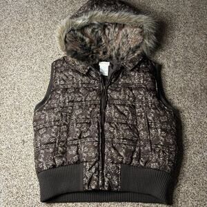 Y2K Maurice’s Brown Puffer Vest with Faux Fur Hood Size XL